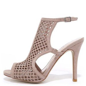 Madden Girl Regalll Taupe Suede Caged Fishnet Heels Open Toe Ankle Strap Back